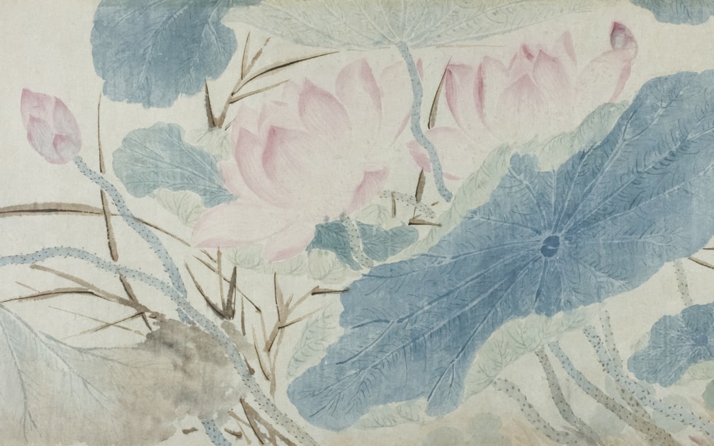 A delicate Chinese painting of pink and blue flowers and leaves, illustrating the botanical colour vocabulary that informs the guochao oil painting aesthetic carried by this bag.