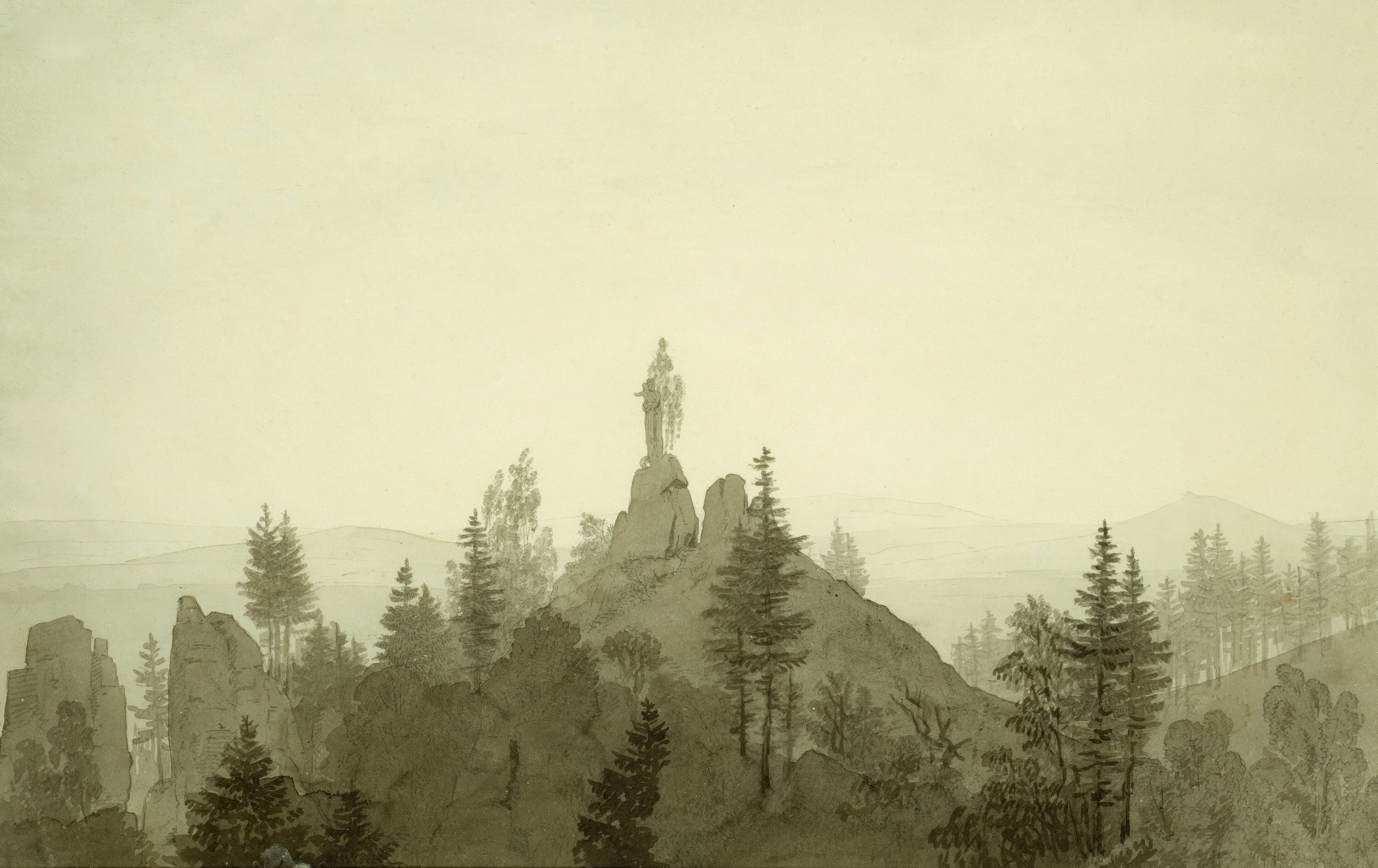 ein Gemälde einer Bergszene mit Bäumen