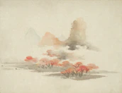 a painting of a landscape with a mountain in the background