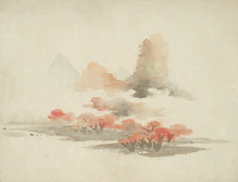 a painting of a landscape with a mountain in the background