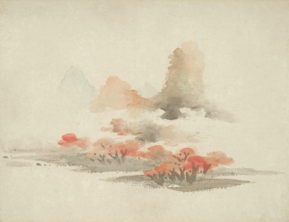 a painting of a landscape with a mountain in the background