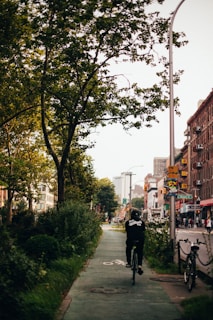 An urban cyclist dressed in Lumina Apparel activewear riding through a tree-lined city park in the morning.