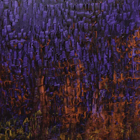 A sleek, abstract composition of vibrant violet brushstrokes blending into deep charcoal shadows.
