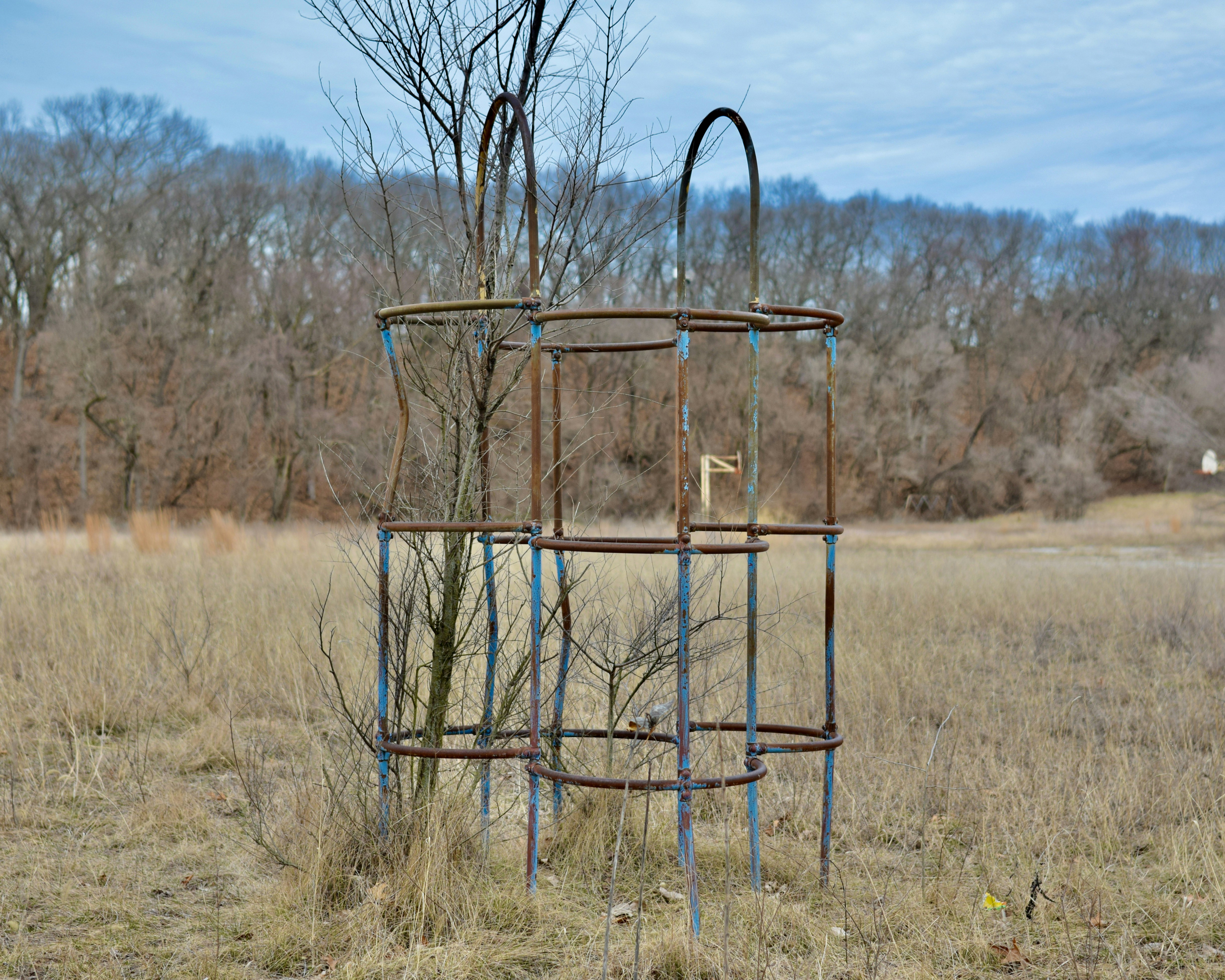 une sculpture en métal dans un champ avec des arbres en arrière-plan