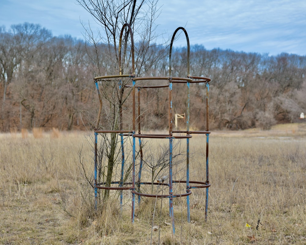 a metal sculpture in a field with trees in the background