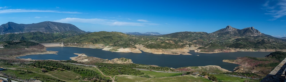 a scenic view of a lake surrounded by mountains