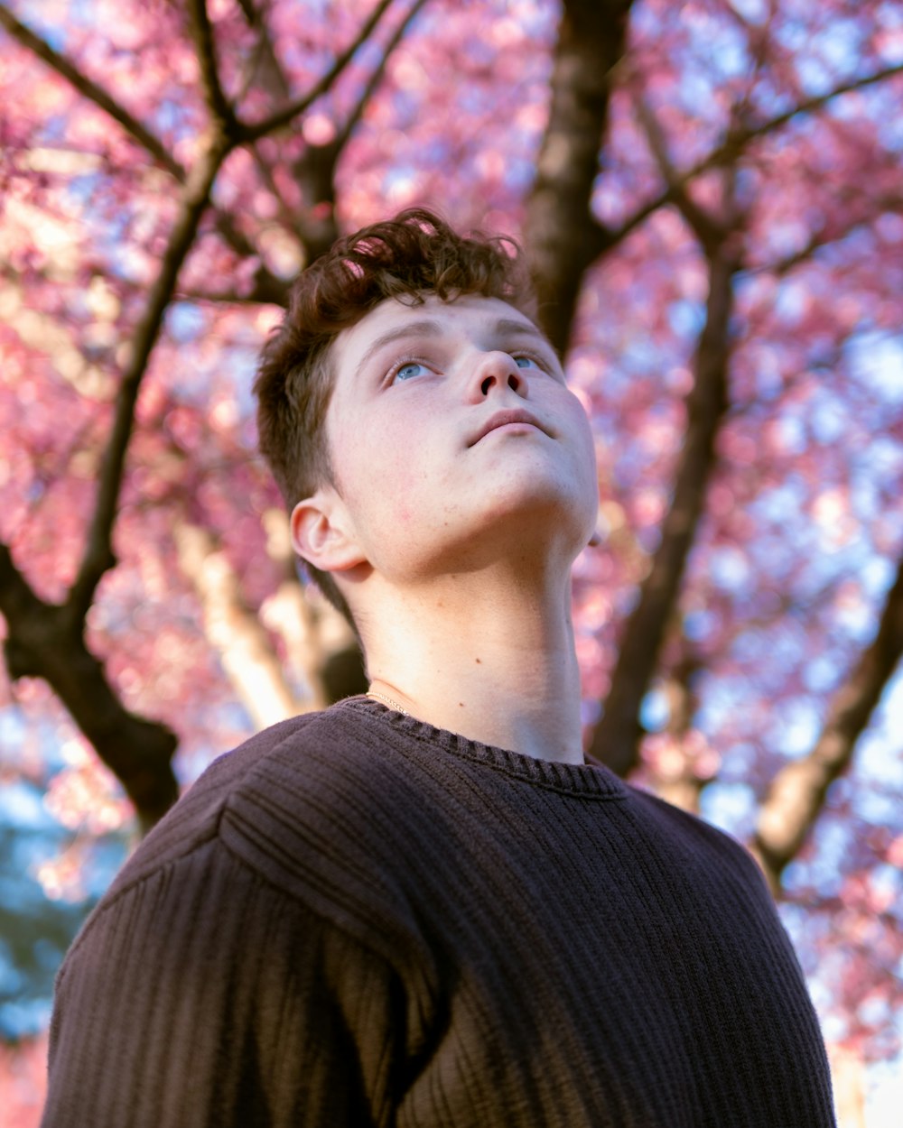 a young man standing under a pink tree