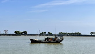 A small fishing boat with equipment and antennas is anchored on a calm body of water. The horizon shows a tree-lined embankment under a clear blue sky.