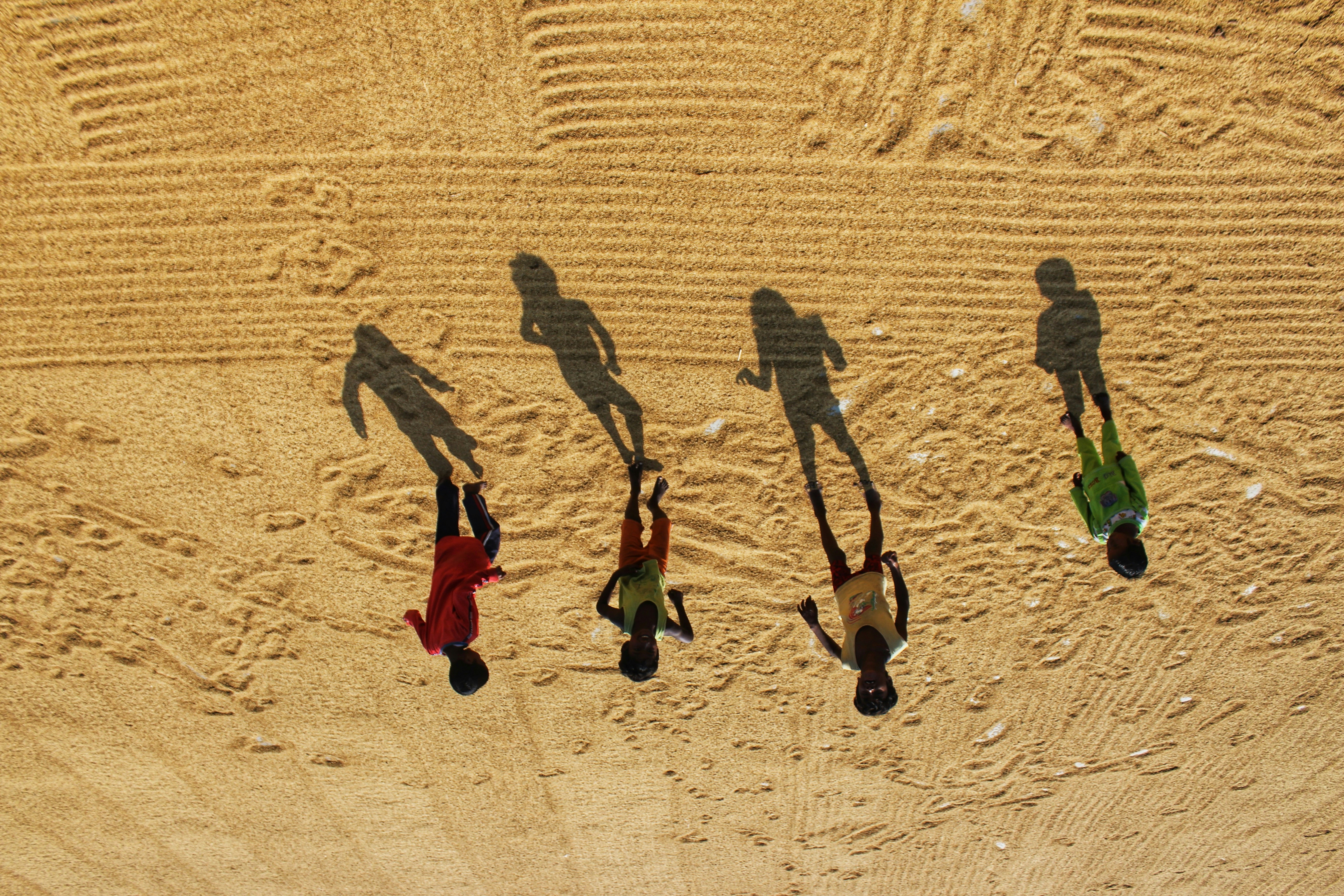 a group of people standing on top of a sandy beach