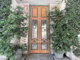 Room entrance with elegant wooden door and plants