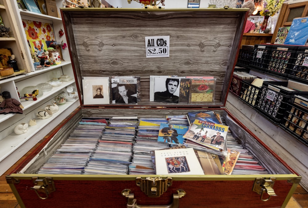 a large trunk filled with lots of cds