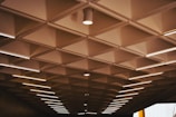 A ceiling with a geometric pattern of square recessed panels, each housing a small central light fixture. Linear fluorescent lights are integrated into the structure, providing parallel illumination across the surface. The lighting creates a warm atmosphere, with shadows accentuating the grid pattern.