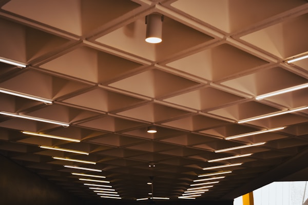 A ceiling with a geometric pattern of square recessed panels, each housing a small central light fixture. Linear fluorescent lights are integrated into the structure, providing parallel illumination across the surface. The lighting creates a warm atmosphere, with shadows accentuating the grid pattern.