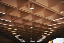 A ceiling with a geometric pattern of square recessed panels, each housing a small central light fixture. Linear fluorescent lights are integrated into the structure, providing parallel illumination across the surface. The lighting creates a warm atmosphere, with shadows accentuating the grid pattern.