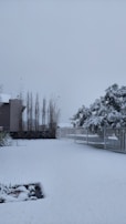 A snowy landscape featuring a yard covered in a thick layer of white snow. There is a fence running along one side, with trees in the background also blanketed in snow. A building with tall, thin trees at its side is visible, contributing to the wintry scene.