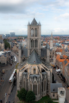 an aerial view of a cathedral in a city