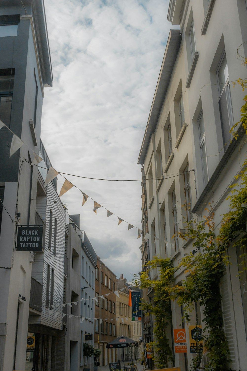 a city street with buildings and a few flags