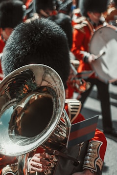A vibrant marching band with musicians wearing red uniforms and black bearskin hats. One musician is prominently playing a large brass instrument, possibly a tuba or sousaphone. The scene is full of movement and energy, capturing the lively atmosphere of the parade.