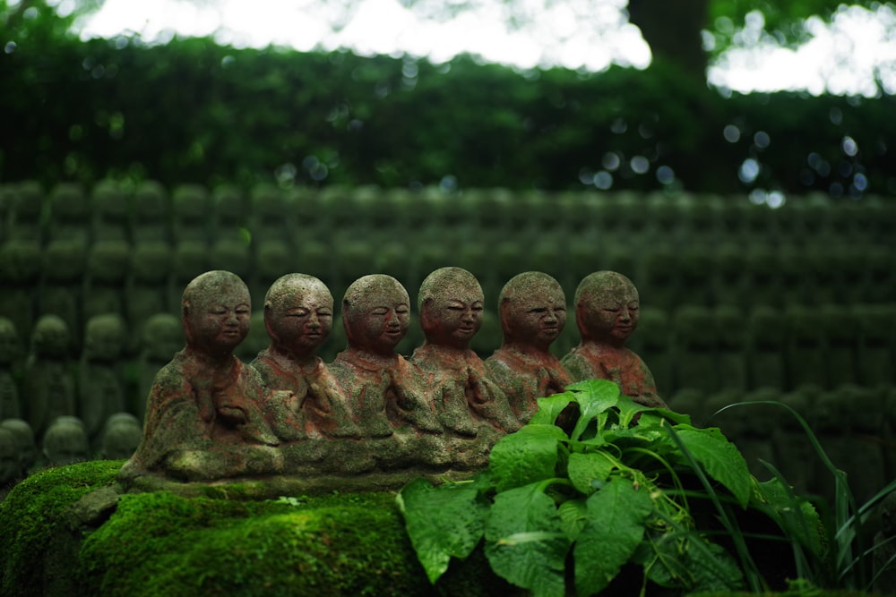 a group of buddha statues sitting on top of a moss covered rock