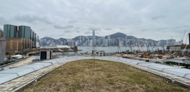 The image depicts a panoramic view of a city skyline with tall skyscrapers in the background, situated across a body of water. In the foreground, a grassy area and several construction cranes can be seen, suggesting ongoing development. The sky is overcast, adding a subdued atmosphere to the scene.