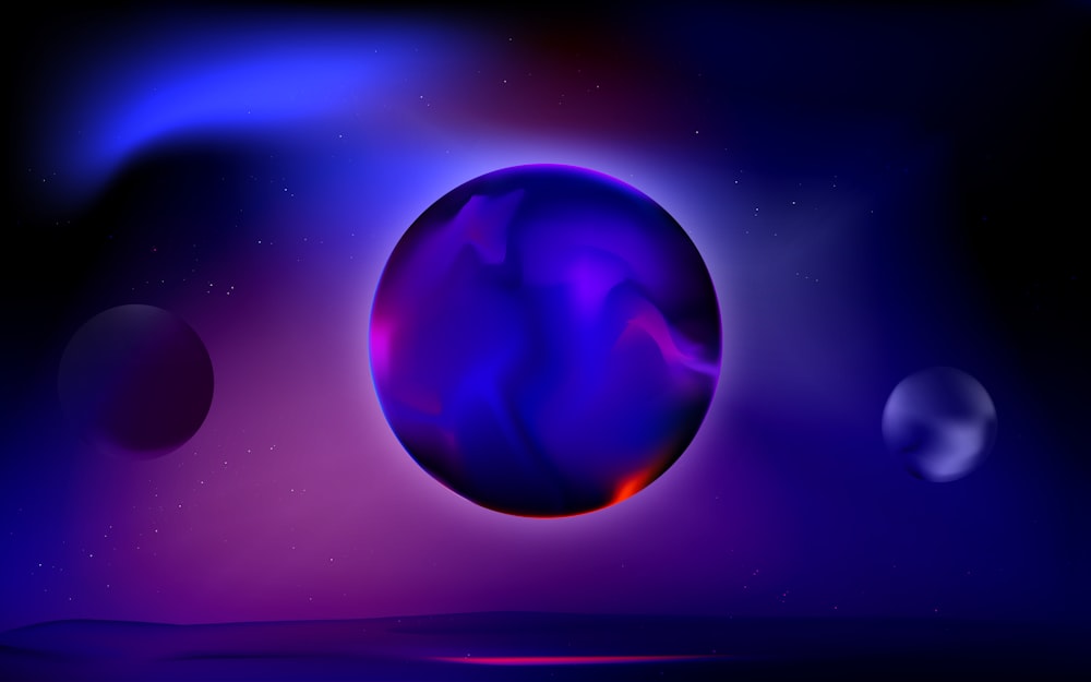 a purple and blue background with three planets