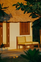 A cozy, modern canopy setup with soft lighting at dusk.