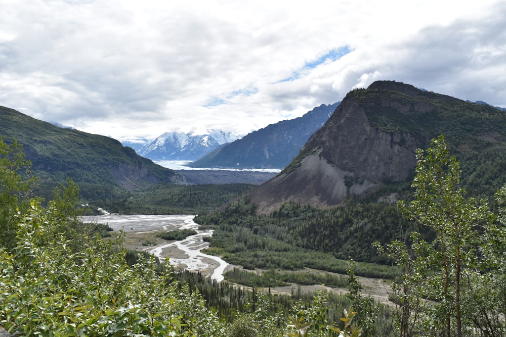 a view of a valley with mountains in the background