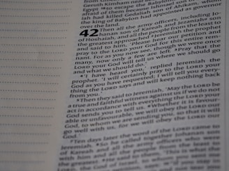 The image is a close-up of a page from a book, featuring text written in English. The text is structured in paragraphs and includes a large, bold number 42, indicating a chapter or section. The page contains margins with dotted guideline indicators on the left.