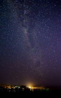 A night sky filled with stars and a faint outline of the Milky Way galaxy.