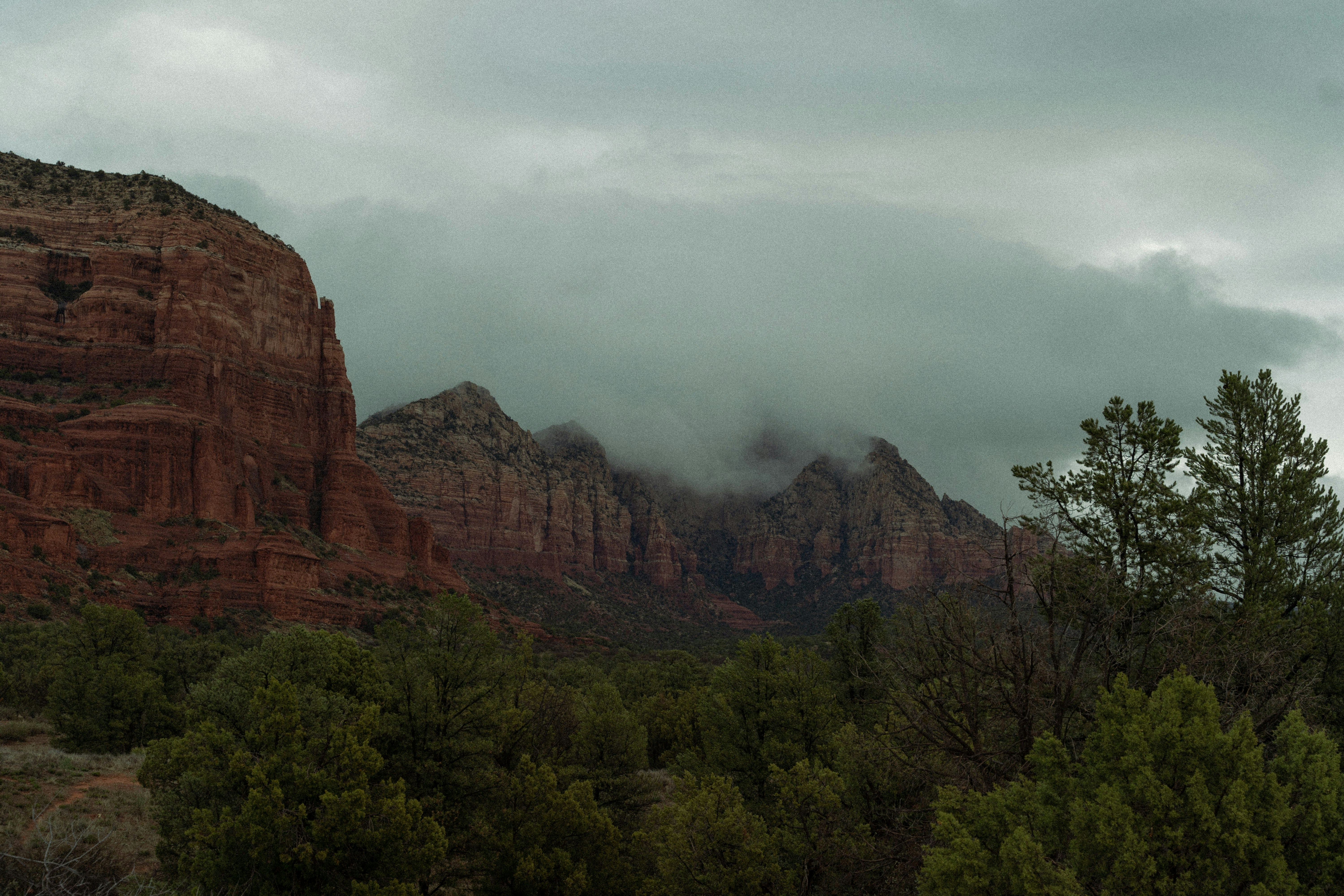 a mountain range with trees in the foreground and clouds in the background, 