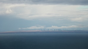 A vast body of water extends across the foreground with a distant shoreline visible in the background. On the horizon, numerous wind turbines are spread across the landscape under a cloudy sky, suggesting renewable energy use.