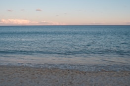 A calm ocean shoreline with waves gently touching the sand under a clear sky.