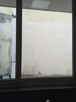 Interior wall showing damp patches near a window frame