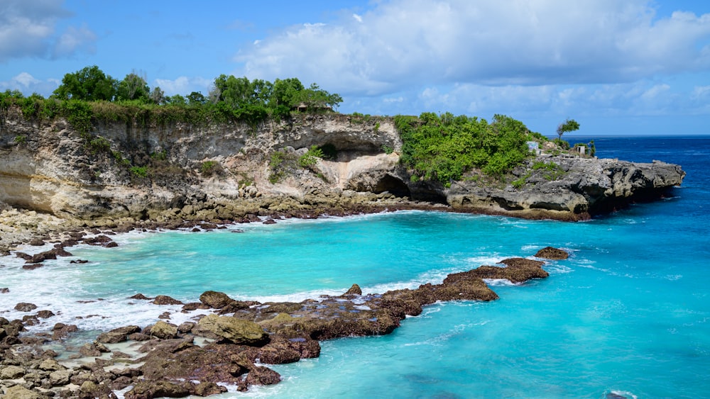 a rocky beach with blue water and green trees