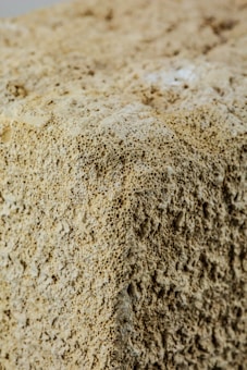 A close-up view of a porous, textured surface resembling pumice or some sort of natural stone. The image shows an angular edge with intricate patterns and small holes across the material.