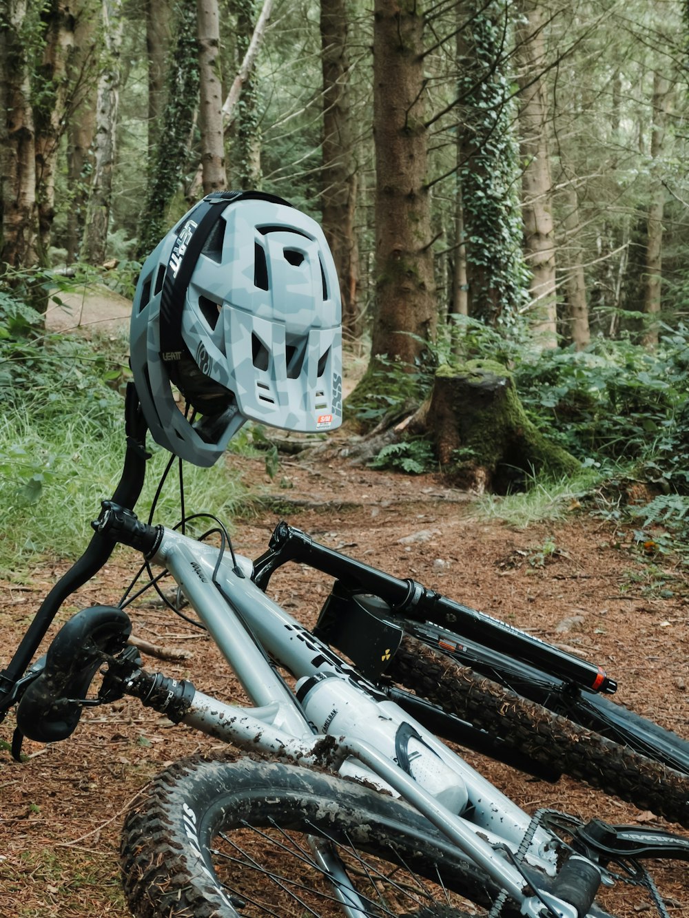 a bicycle is parked in the middle of the woods