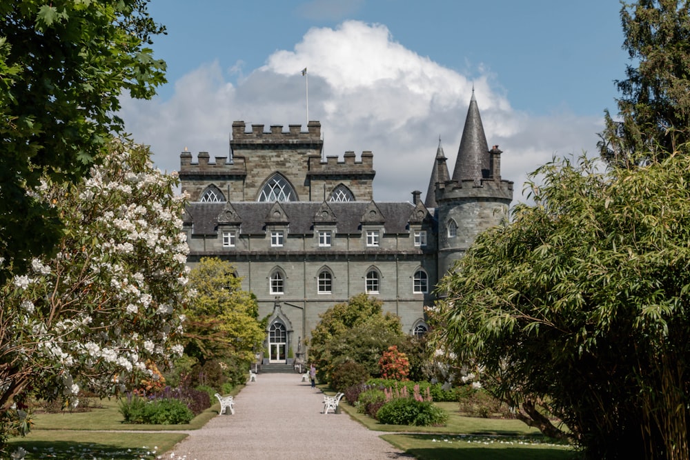 a large castle like building surrounded by trees