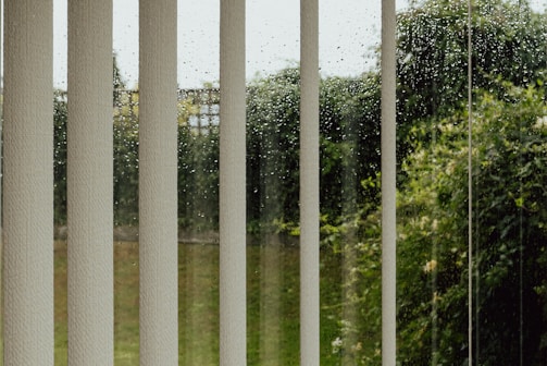 Vertical blinds hang in front of a window, partially obstructing the view of rain-drenched greenery outside. Water droplets cover the glass, giving a blurred effect to the plants in the background.