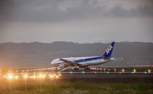 An airplane with the ANA logo is taxiing on a runway. The runway lights are illuminated, and the background features a hilly landscape under a cloudy sky. The scene appears to be set during twilight or early evening.
