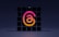 A stylized 'at' (@) symbol rendered in a gradient of pink, orange, and purple, set against a grid of shiny black cubes. The background is dark, creating a stark contrast with the vibrant colors of the symbol.