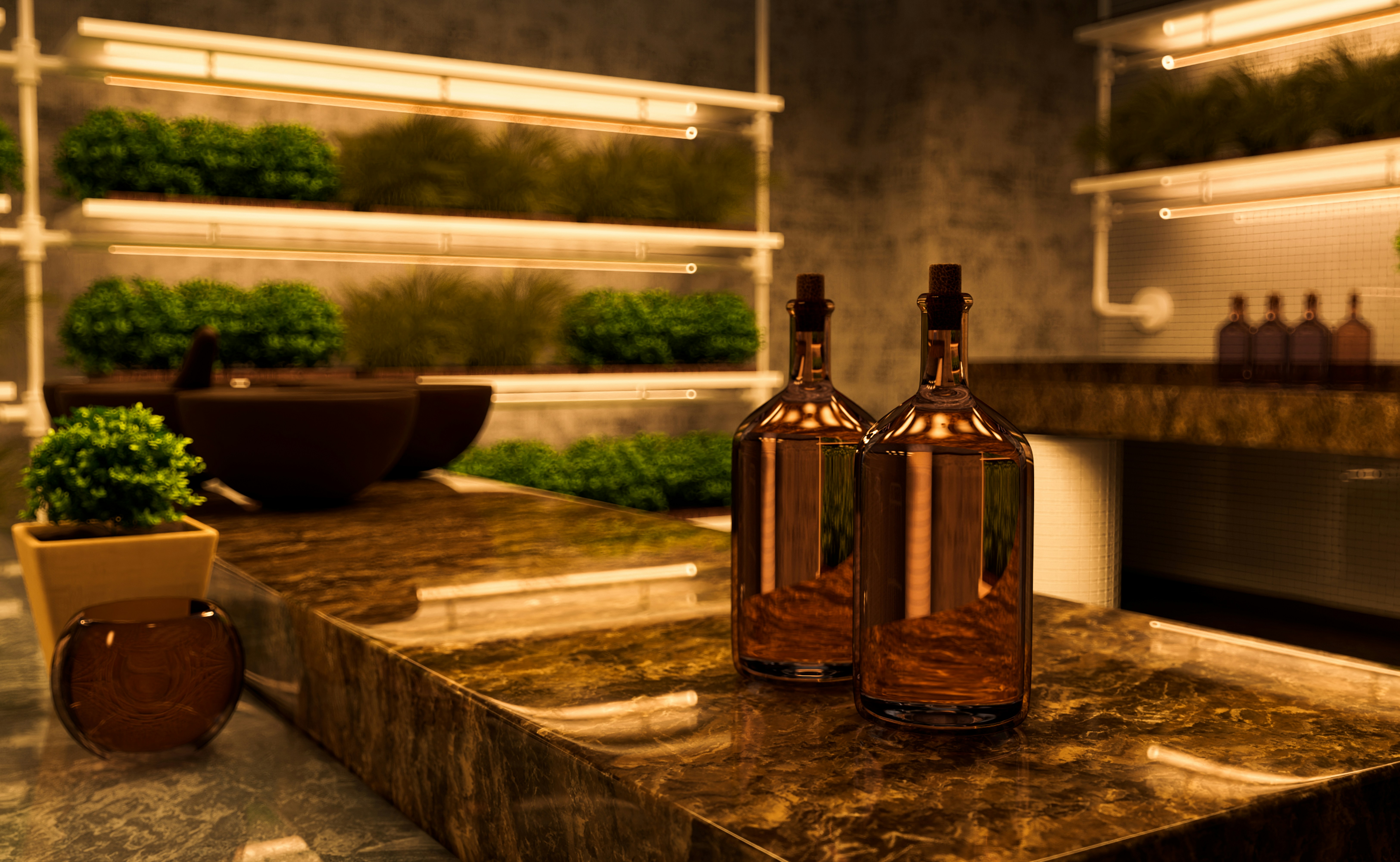 two bottles of wine sitting on a counter