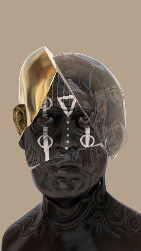 A digital artwork depicts a futuristic, abstract human face with metallic and glass textures. The left side of the head includes a shiny, gold-like surface, while the right side is transparent with visible internal structures. Intricate tribal or symbolic patterns cover the face, adding a mysterious and artistic element.