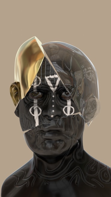 A digital artwork depicts a futuristic, abstract human face with metallic and glass textures. The left side of the head includes a shiny, gold-like surface, while the right side is transparent with visible internal structures. Intricate tribal or symbolic patterns cover the face, adding a mysterious and artistic element.