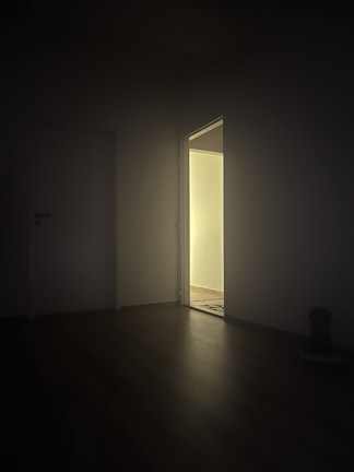 A dimly lit doorway slightly ajar, revealing only darkness inside.
