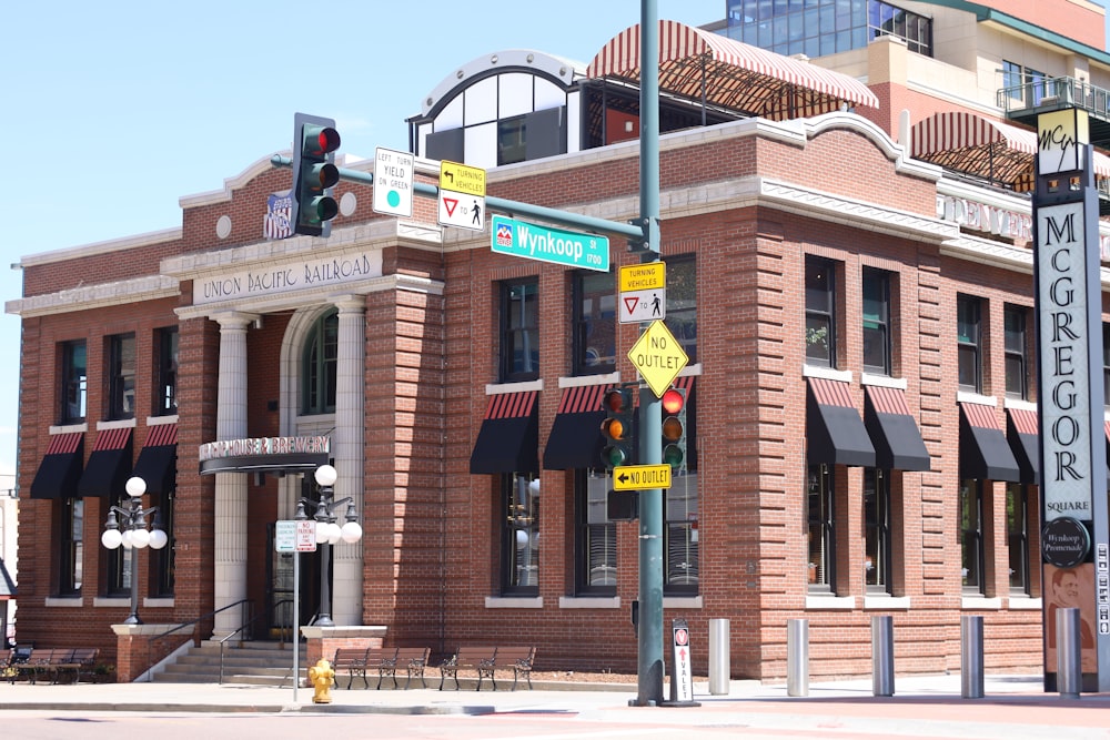 a brick building with a street sign in front of it