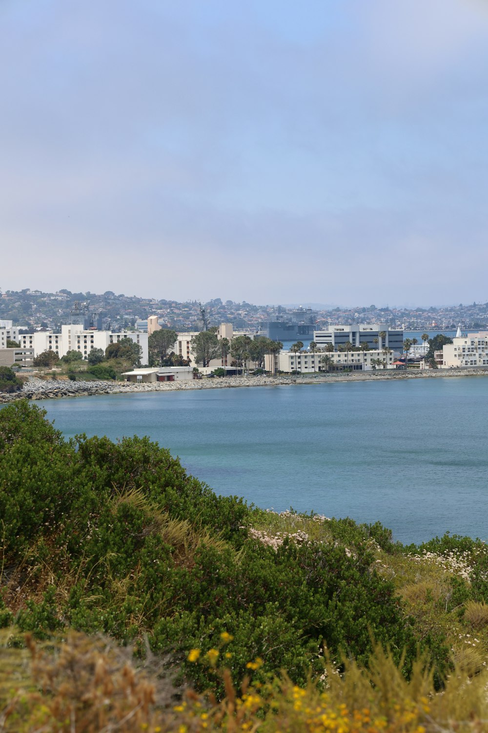 a large body of water with a city in the background