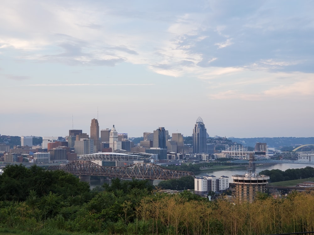 a view of a city with a bridge in the foreground