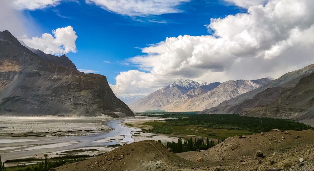 a mountain valley with a river running through it