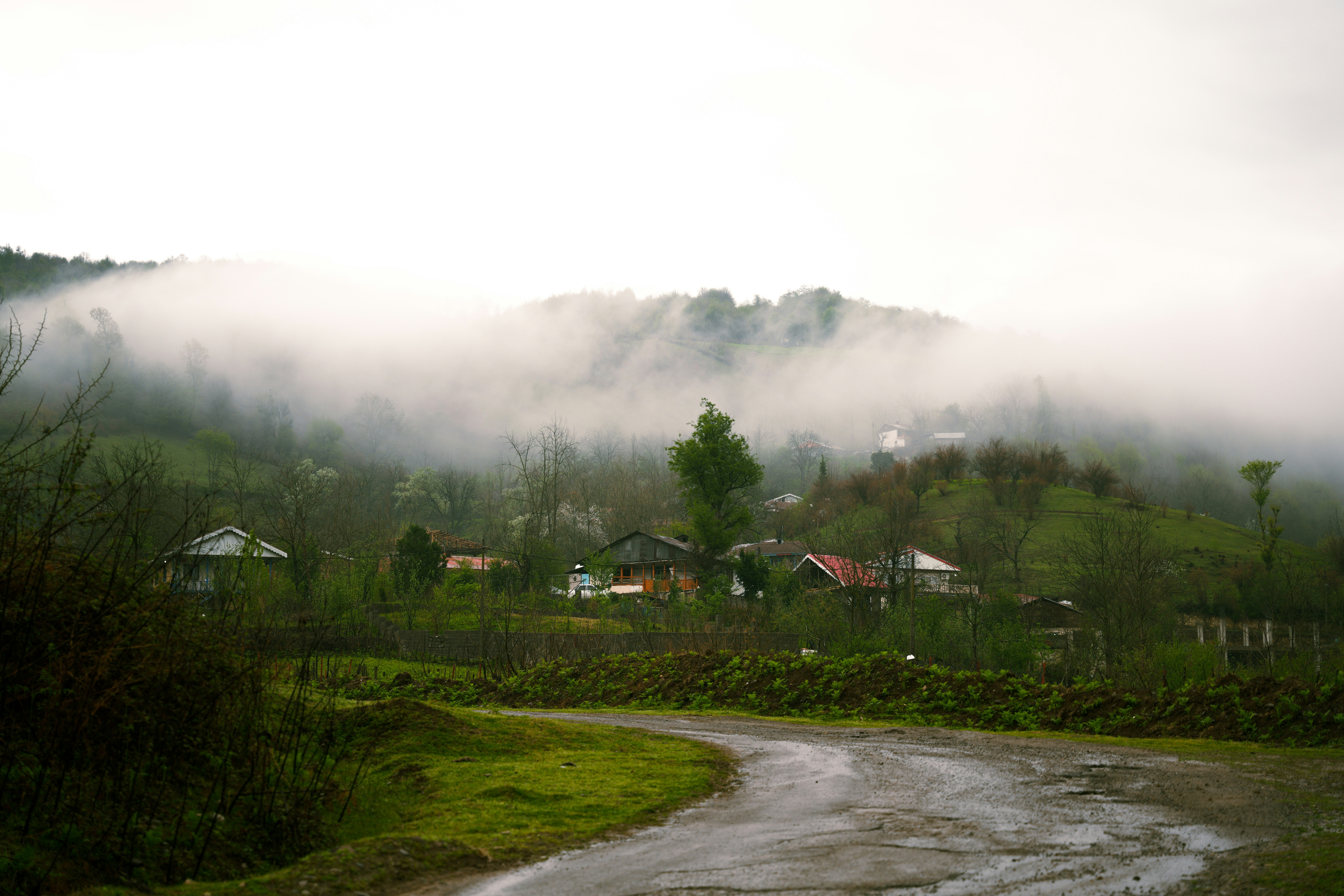 a dirt road with houses on a hill in the background