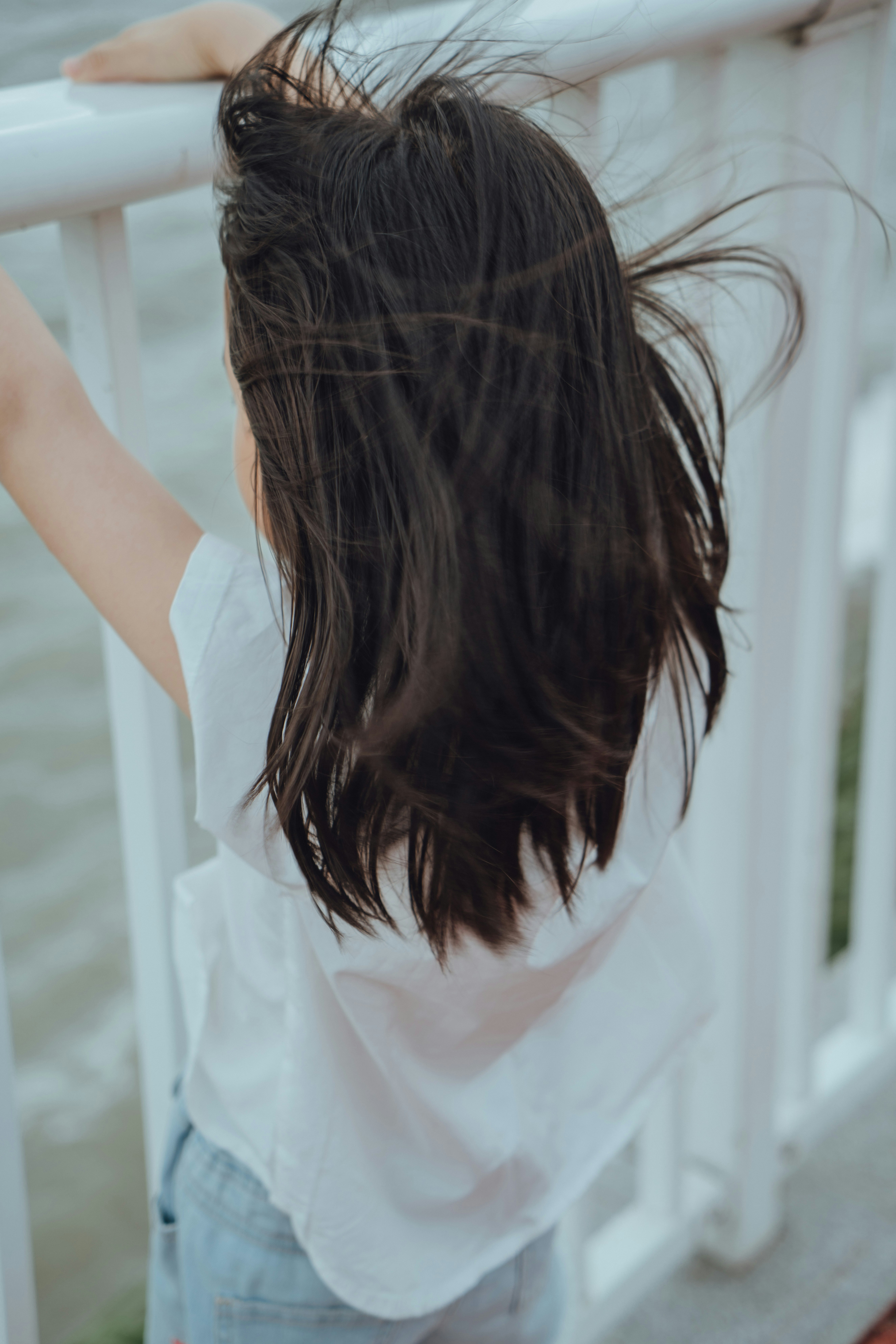 Shoulder-length dark hair blowing in the wind, viewed from behind.